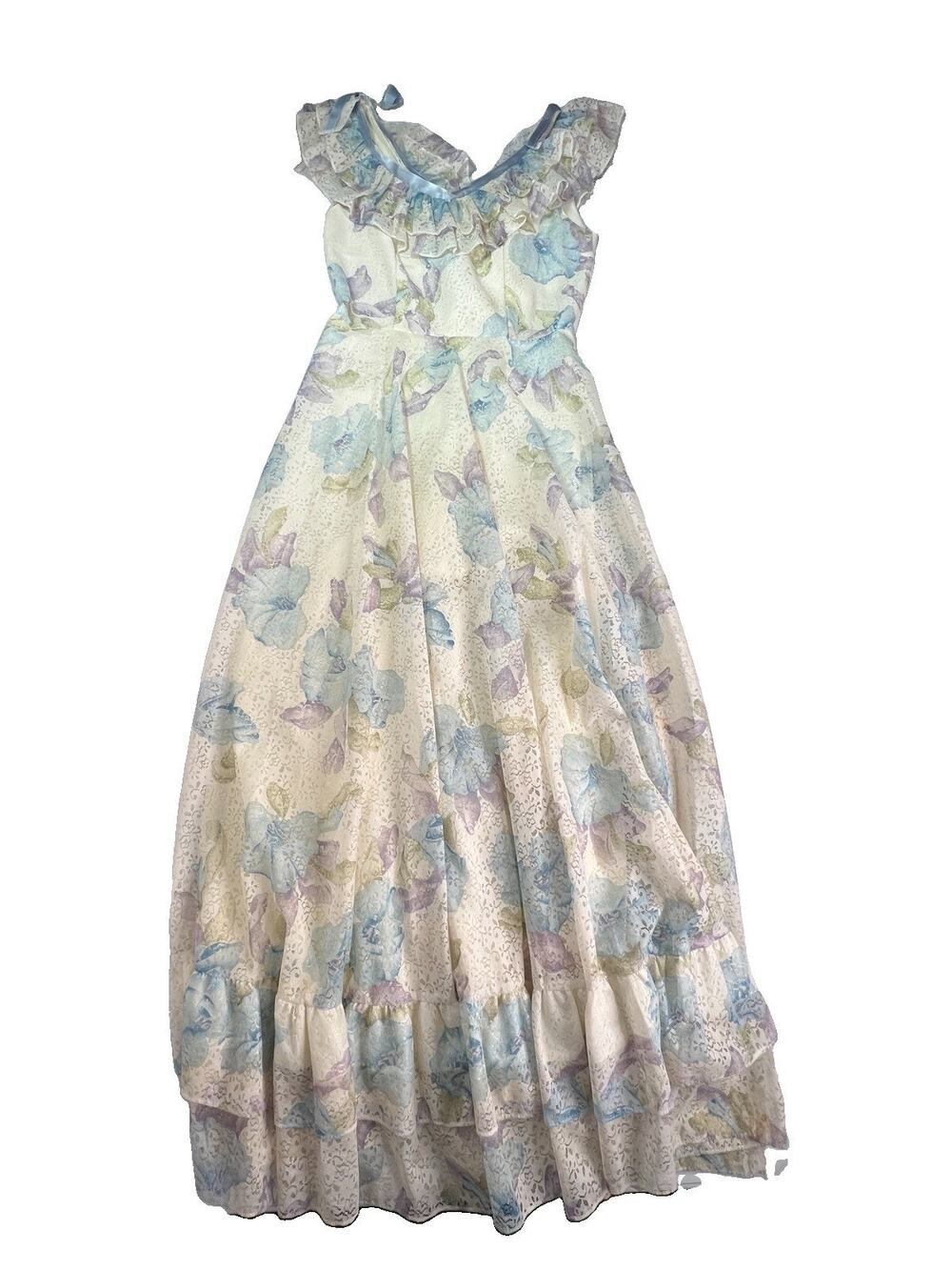 Vintage Prairie Floral Maxi Ruffle Bows Dress Union Made Cottagecore Size Small